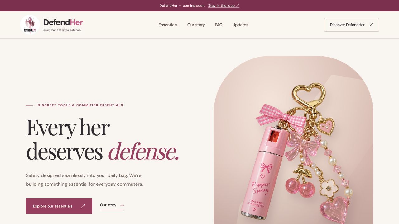 DefendHer website with its every her deserves defense headline and pink everyday-carry product design